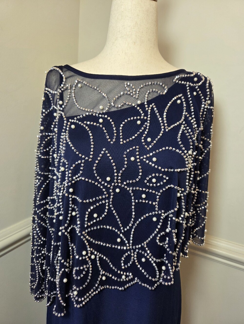 MSK Navy Embellished Cape Formal Gown Rhinestone Pearl Maxi Dress M - Picture 9 of 13